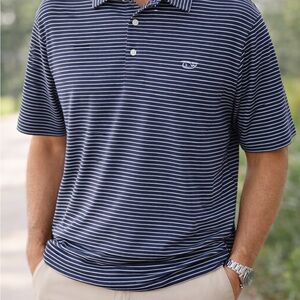 Vineyard Vines Navy and White Striped Polo-XL